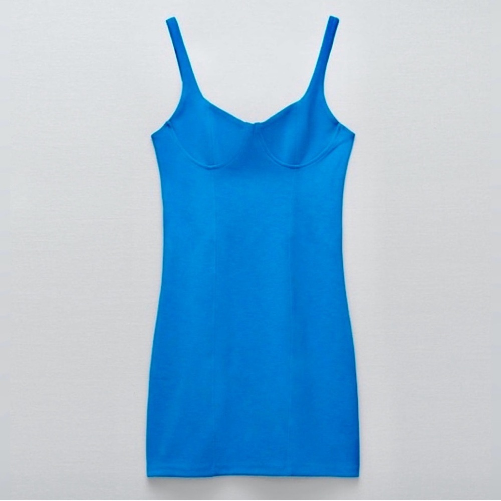 ZARA NWT Corset‎ Bustier Stitch Mini Bodycon Stretch Dress In Blue Women’s Small